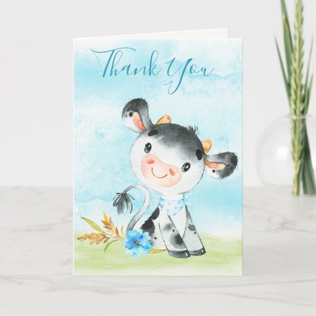 Watercolor Boy Cow Farm Thank You Card (Front)