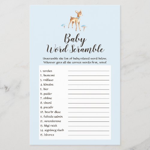 Watercolor Boy Deer Mushrooms Baby Word Scramble Flyer