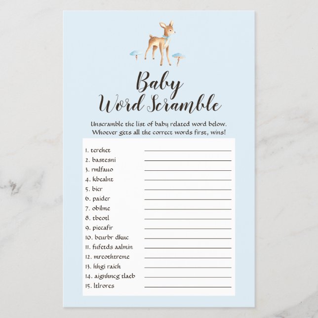 Watercolor Boy Deer Mushrooms Baby Word Scramble Flyer (Front)