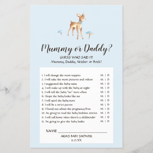 Watercolor Boy Deer Mushrooms Mummy or Daddy Game Flyer