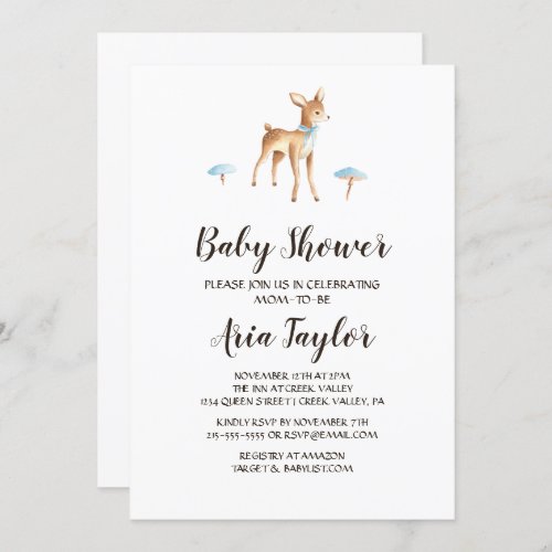 Watercolor Boy Deer on White Baby Shower Invitation