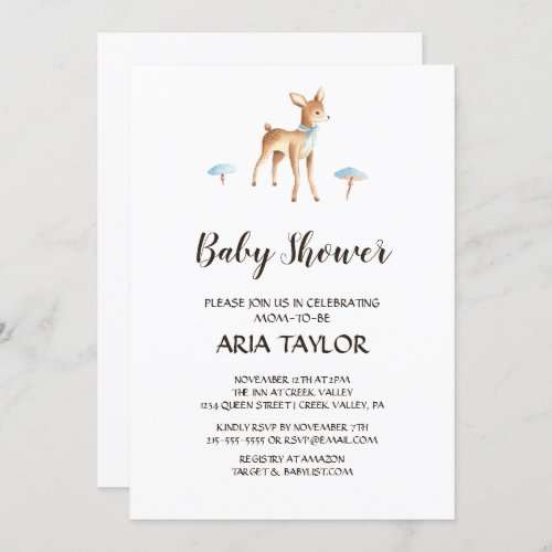 Watercolor Boy Deer on White Baby Shower Invitation