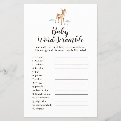 Watercolor Boy Deer on White Baby Word Scramble Flyer