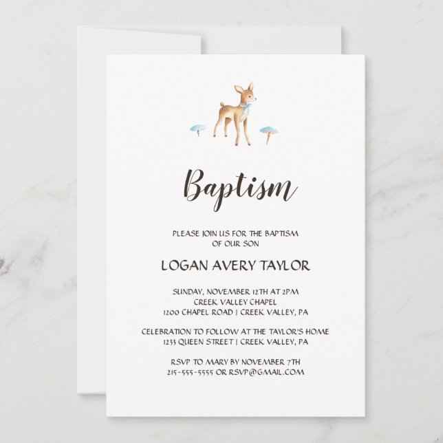 Watercolor Boy Deer on White Baptism Invitation (Front)