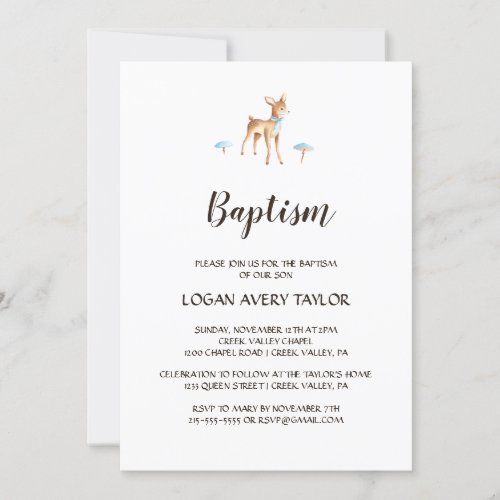 Watercolor Boy Deer on White Baptism Invitation