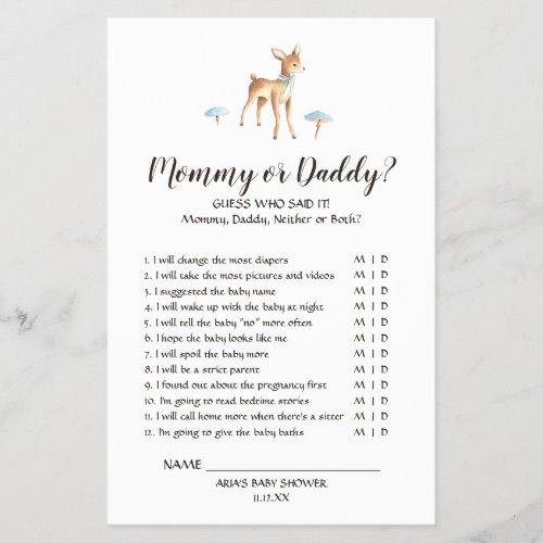Watercolor Boy Deer on White Mommy or Daddy Game Flyer