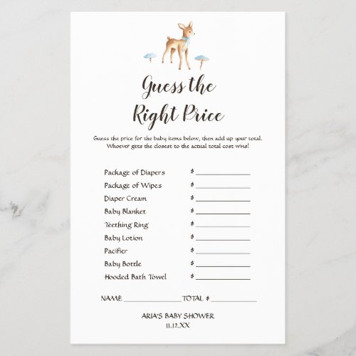 Watercolor Boy Deer White Guess The Price Game Flyer