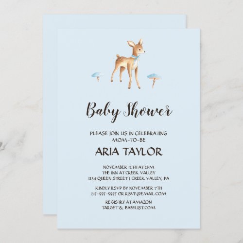 Watercolor Boy Deer with Mushroom Baby Shower Invitation