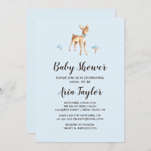 Watercolor Boy Deer with Mushrooms Baby Shower Invitation