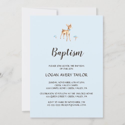 Watercolor Boy Deer with Mushrooms Baptism Invitation