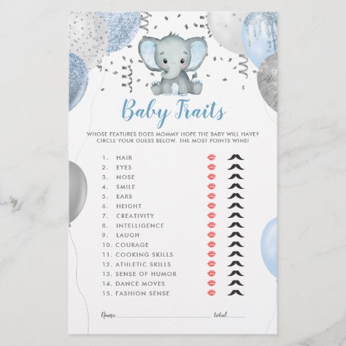 Watercolor Boy Elephant Baby Traits Shower Game