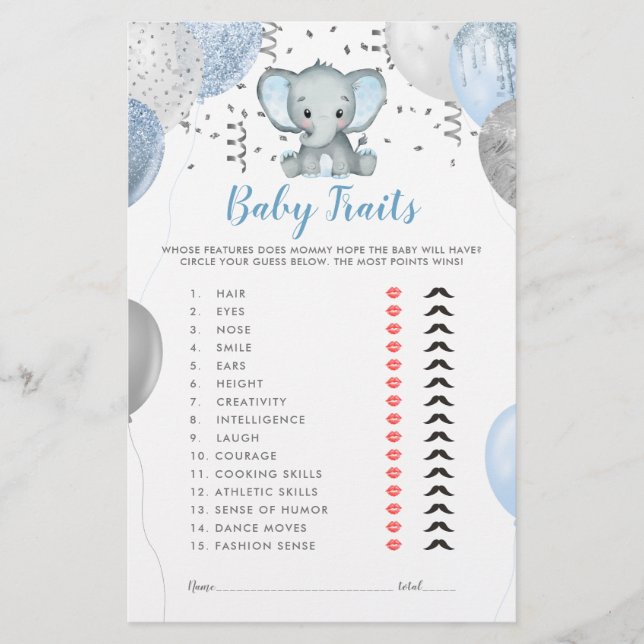Watercolor Boy Elephant Baby Traits Shower Game (Front)