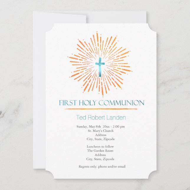 Watercolor  |  Boy First Communion Invitations (Front)