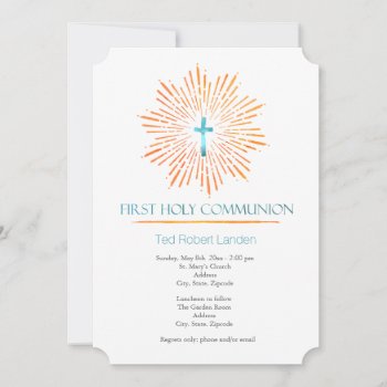 Watercolor  |  Boy First Communion Invitations by OrangeOstrichDesigns at Zazzle