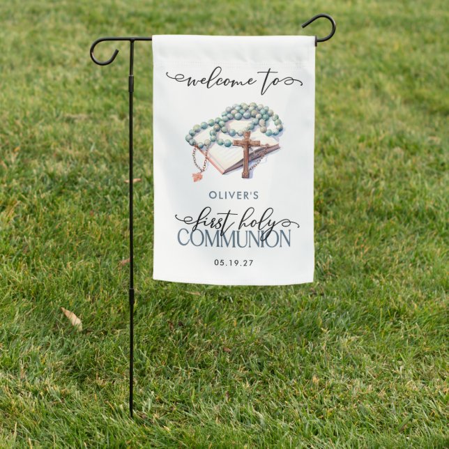 Watercolor Boy First Holy Communion Welcome  Garden Flag (In SItu)