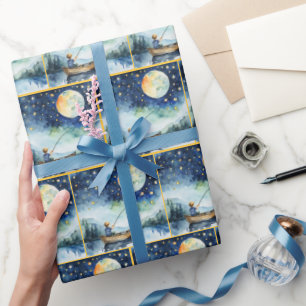 Watercolor Boy Fishing At Night Wrapping Paper