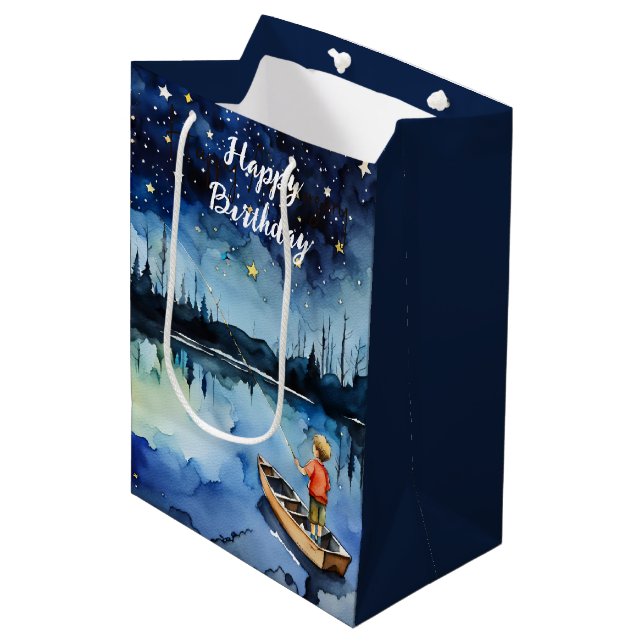 Watercolor Boy Fishing In Rowboat Medium Gift Bag (Front Angled)