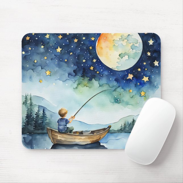 Watercolor Boy Fishing Under Moon Mouse Pad (With Mouse)