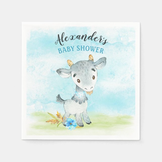 Watercolor Boy Goat Baby Shower Farm Napkins (Front)