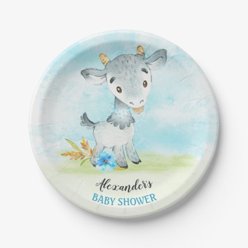 Watercolor Boy Goat Baby Shower Farm Paper Plates