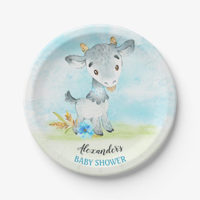 Watercolor Boy Goat Baby Shower Farm Paper Plates (Front)
