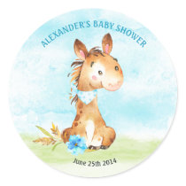 Watercolor Boy Horse Baby Shower Farm Classic Round Sticker