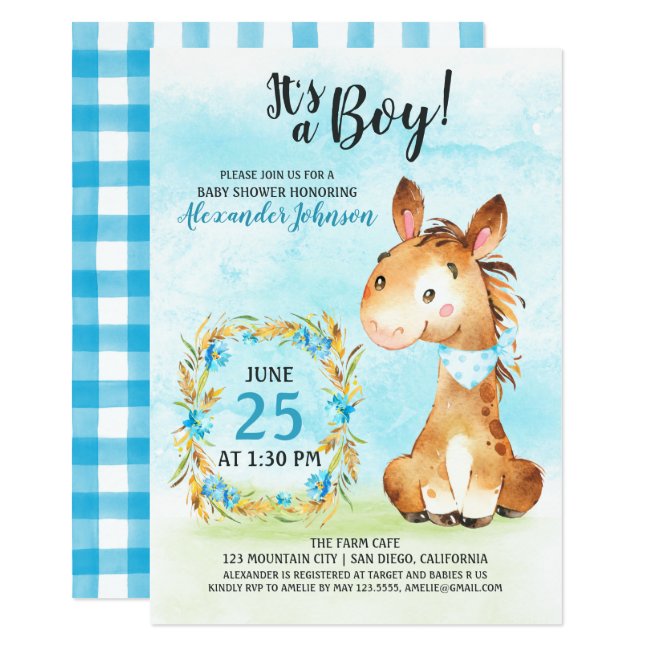 Watercolor Boy Horse Baby Shower Farm Invitation