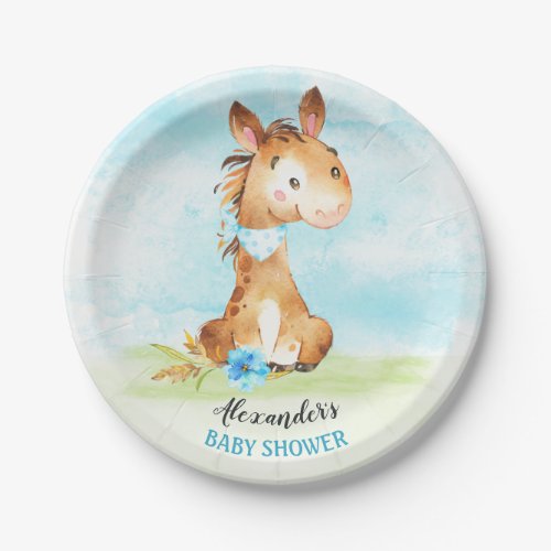 Watercolor Boy Horse Baby Shower Farm Paper Plates