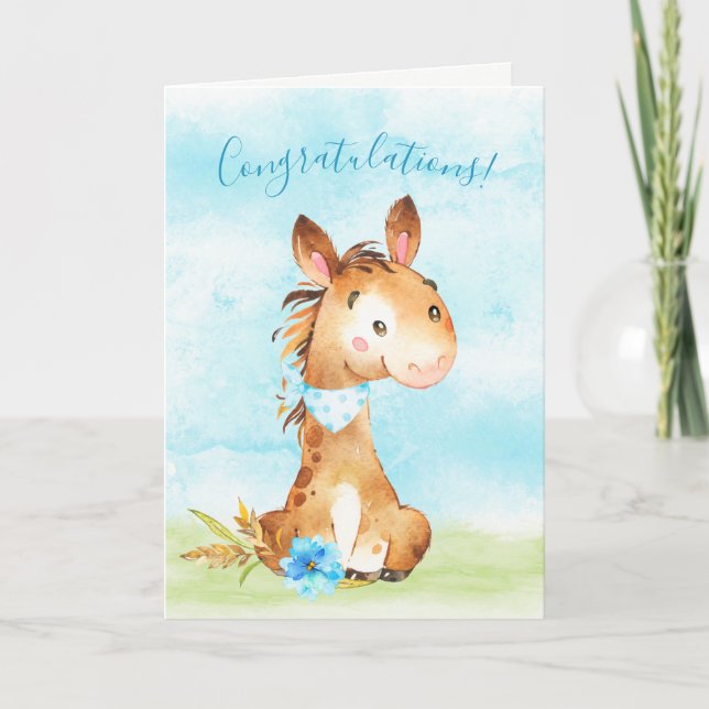 Watercolor Boy Horse Farm Congratulations Card (Front)