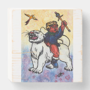 watercolor boy king rides white panther power wooden box sign