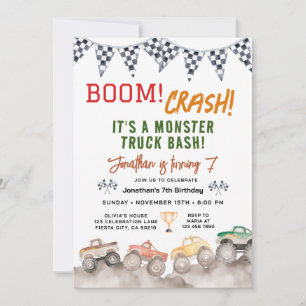 Watercolor Boy Monster Truck Birthday Race Party Invitation