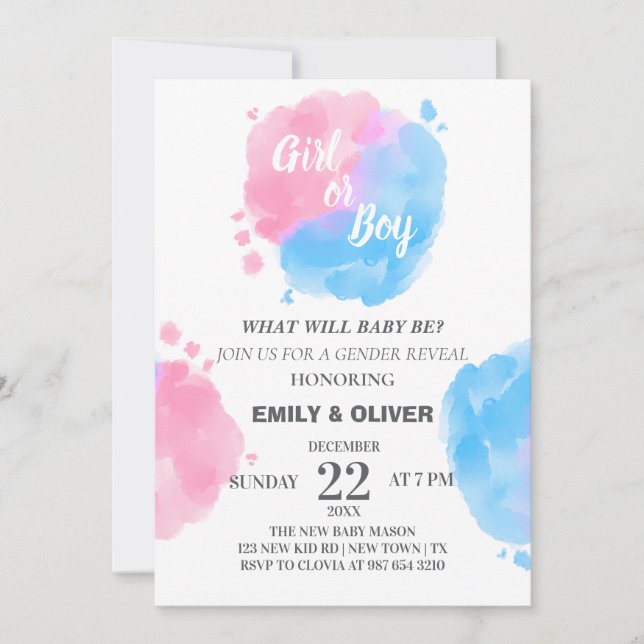 Watercolor boy of girl gender reveal invitation (Front)