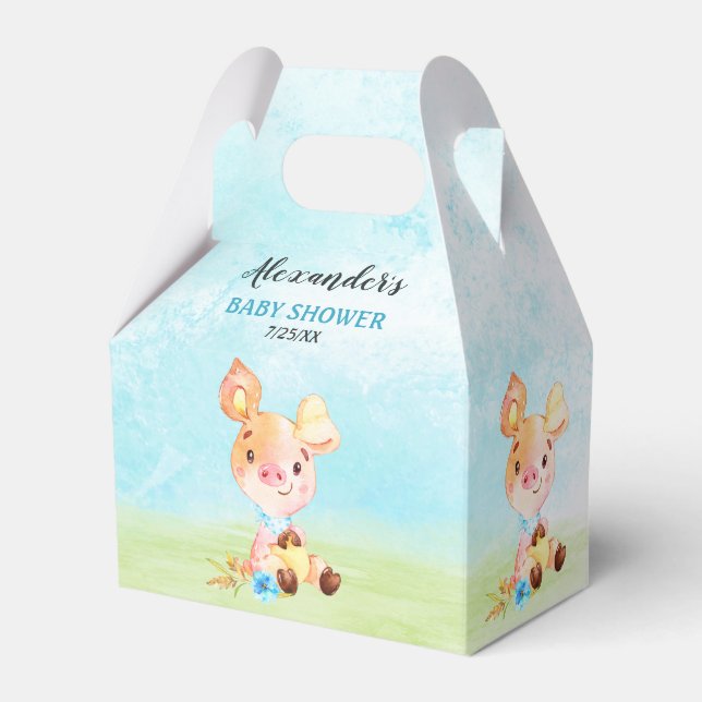 Watercolor Boy Piggy Baby Shower Farm Favor Boxes (Front Side)