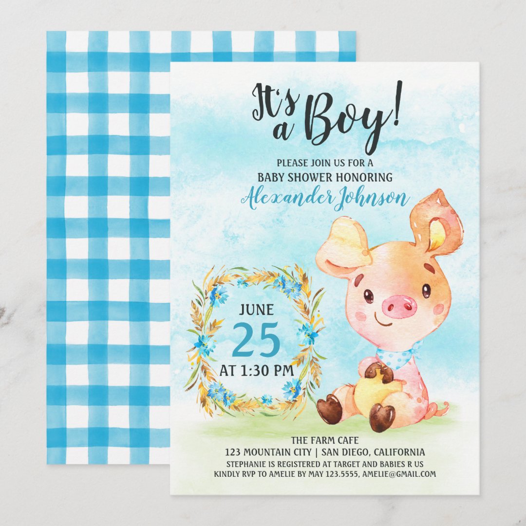 Watercolor Boy Piggy Baby Shower Farm Invitation | Zazzle