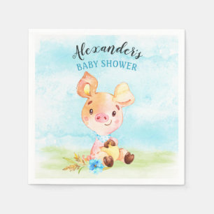 Watercolor Boy Piggy Baby Shower Farm Napkins