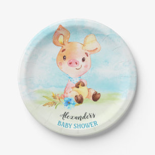Watercolor Boy Piggy Baby Shower Farm Paper Plates
