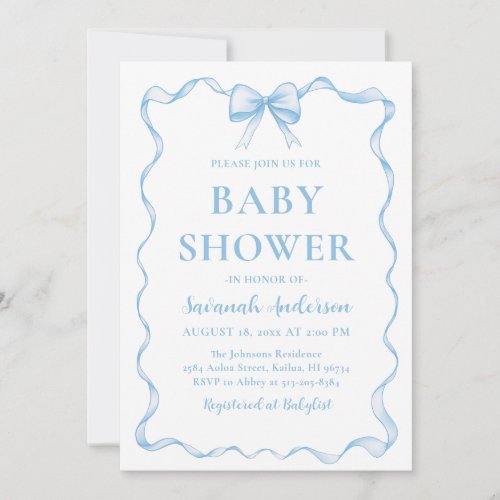 Watercolor Boy Ribbon Dusty Blue Bow Baby Shower Invitation