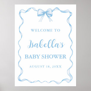 Watercolor Boy Ribbon Dusty Blue Bow Baby Shower Poster