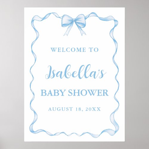 Watercolor Boy Ribbon Dusty Blue Bow Baby Shower Poster