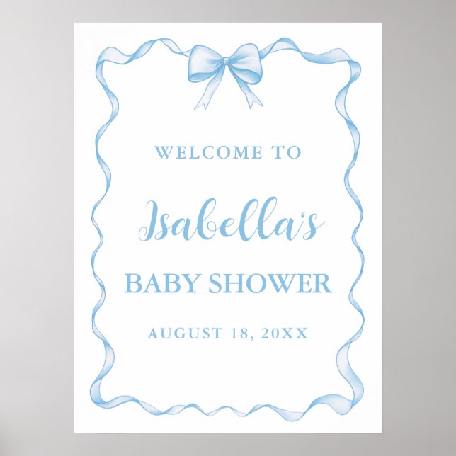 Watercolor Boy Ribbon Dusty Blue Bow Baby Shower Poster (Front)