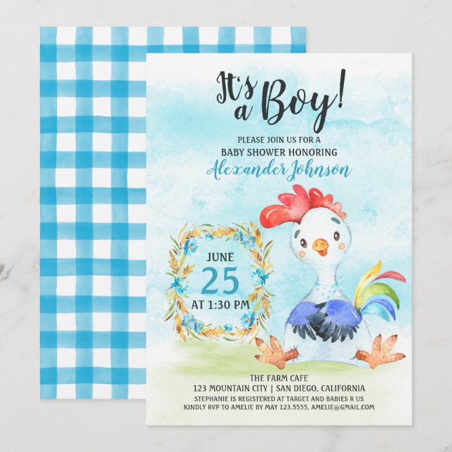 Watercolor Boy Rooster Baby Shower Farm Invitation (Front/Back)