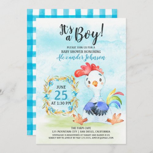 Watercolor Boy Rooster Baby Shower Farm Invitation