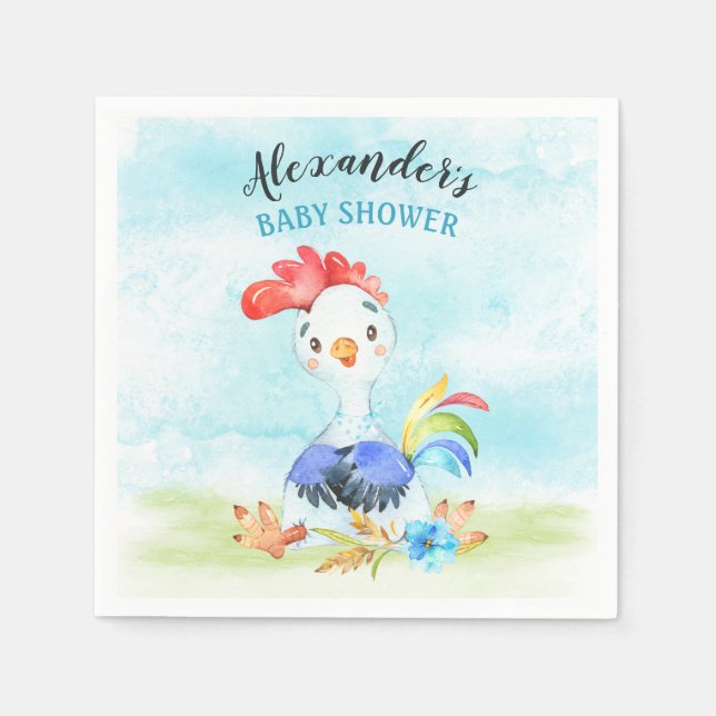 Watercolor Boy Rooster Baby Shower Farm Napkins (Front)