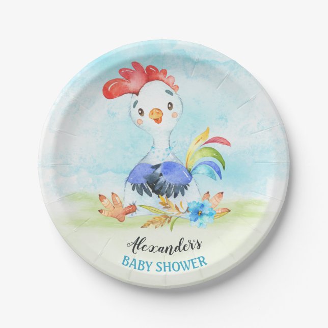 Watercolor Boy Rooster Baby Shower Farm Paper Plates (Front)