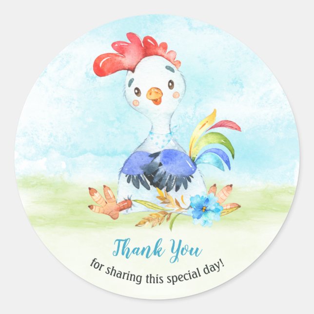 Watercolor Boy Rooster Farm Thank You Classic Round Sticker (Front)