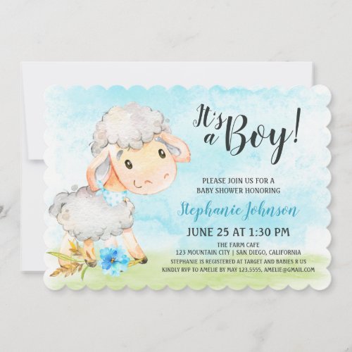 Watercolor Boy Sheep Baby Shower Farm Invitation