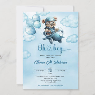 Watercolor boy teddy bear aviator with balloons invitation