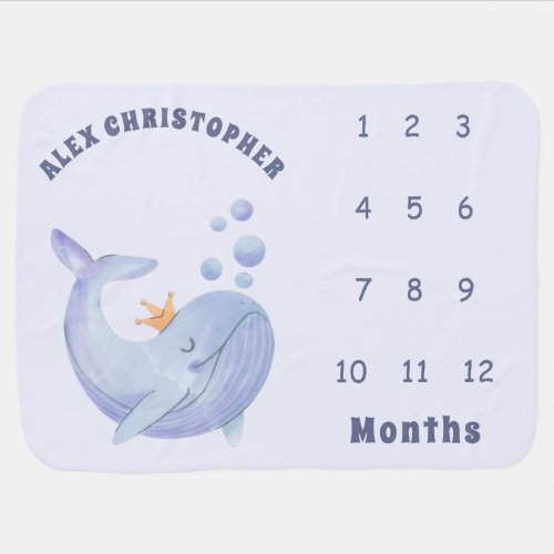 Watercolor Boy Whale Cute Ocean Animal Milestone Baby Blanket