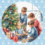 Watercolor Boys Christmas Morning Nostalgic Scene Classic Round Sticker<br><div class="desc">Watercolor Boys Christmas Morning Nostalgic Scene Classic Round Sticker</div>