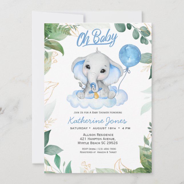Watercolor Boys Elephant  Baby Shower  Invitation (Front)